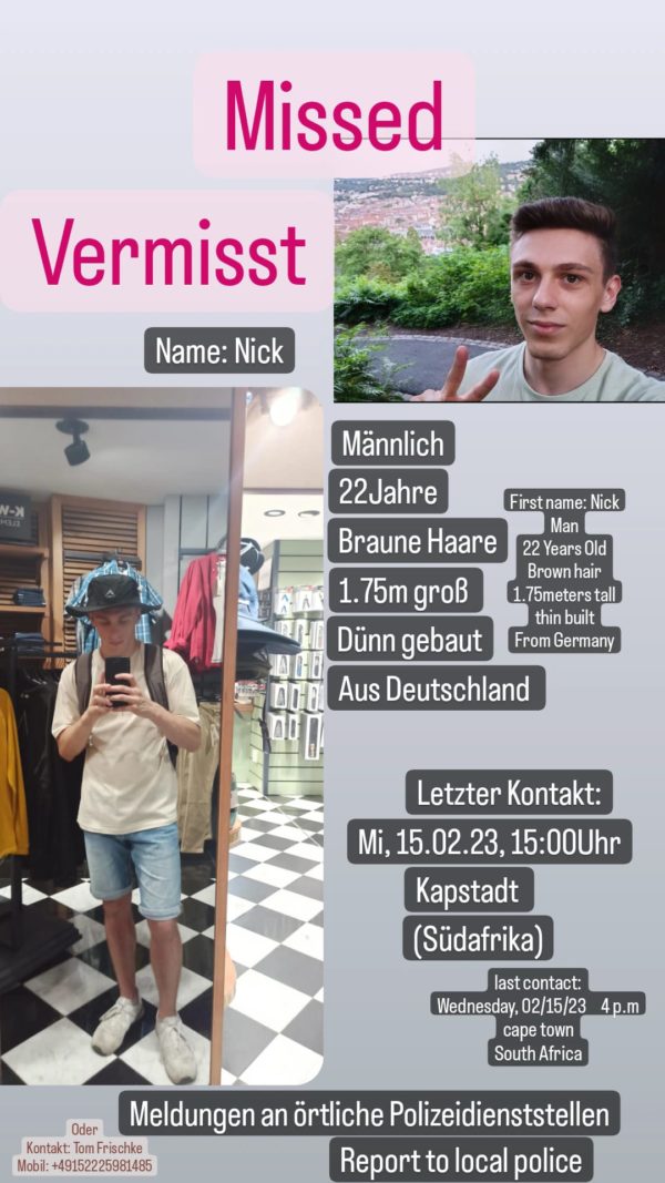 germany tourist missing in cape town